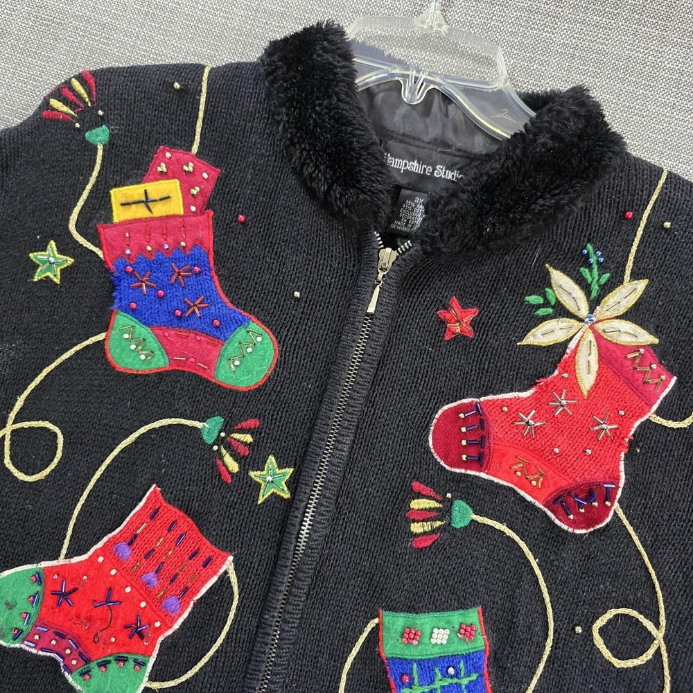 Hampshire Studio Sweater Cardigan Womens 3XL Zip Christmas Stockings Beaded Ugly